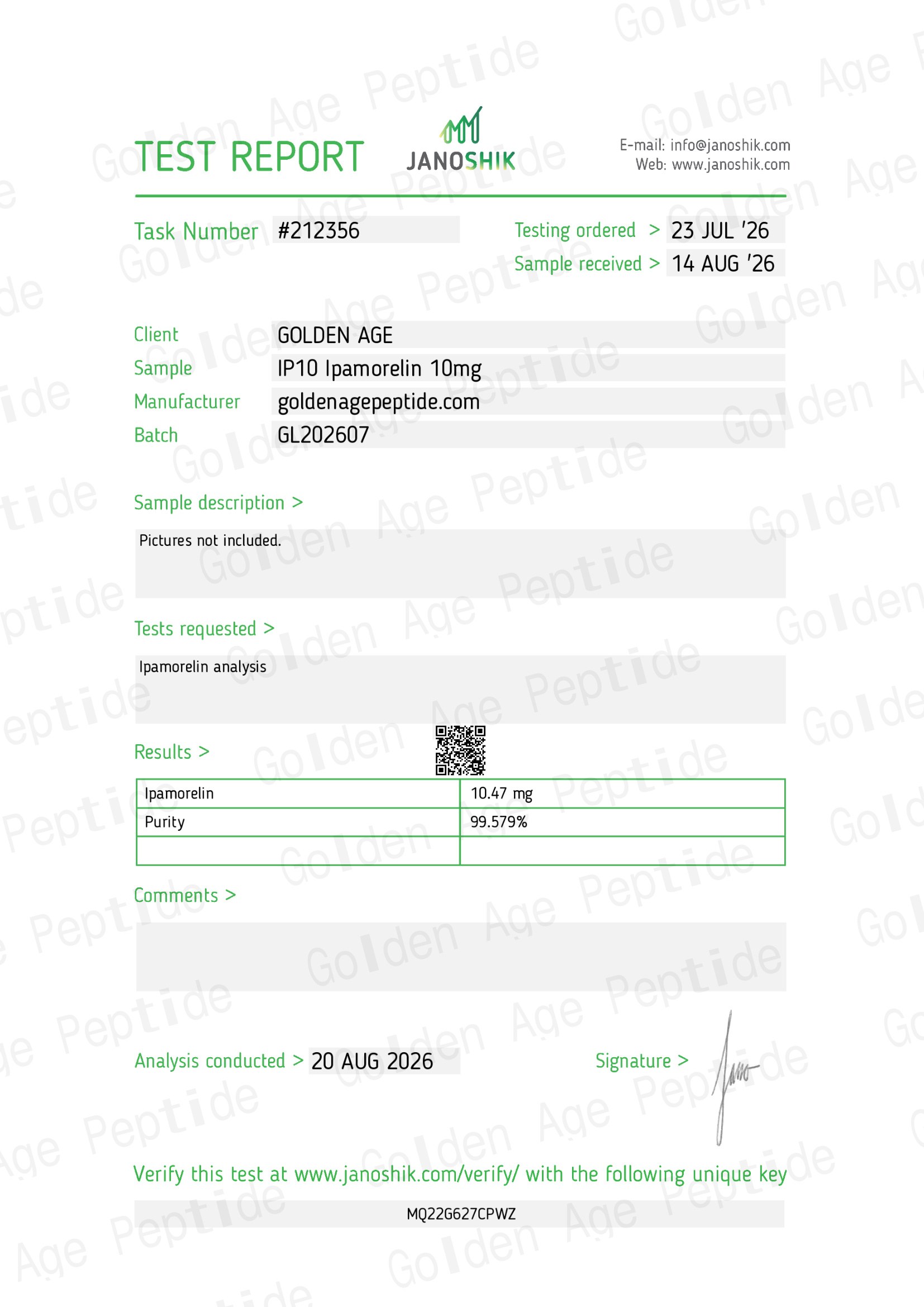 Janoshik COA certificate Ipamorelin