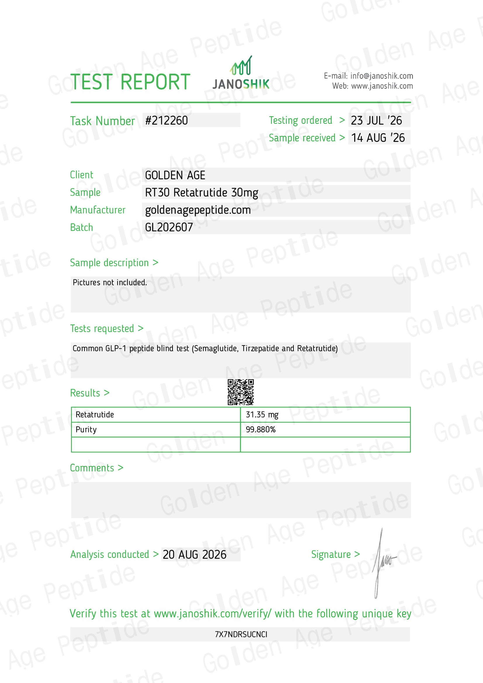 Janoshik COA certificate Retatrutide